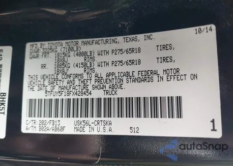 2015 Toyota Tundra Sr5 5.7L V8 z USA, uszkodzony, nr VIN 5TFUY5F18FX428454